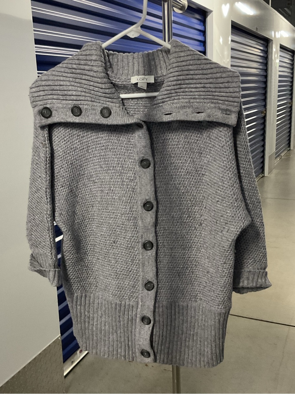 LOFT Gray Ribbed Collar Button-Front Cardigan